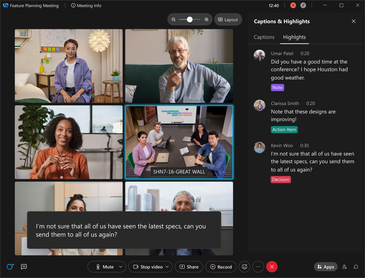 Webex Assistant captures meeting highlights during a video meeting with several colleagues.