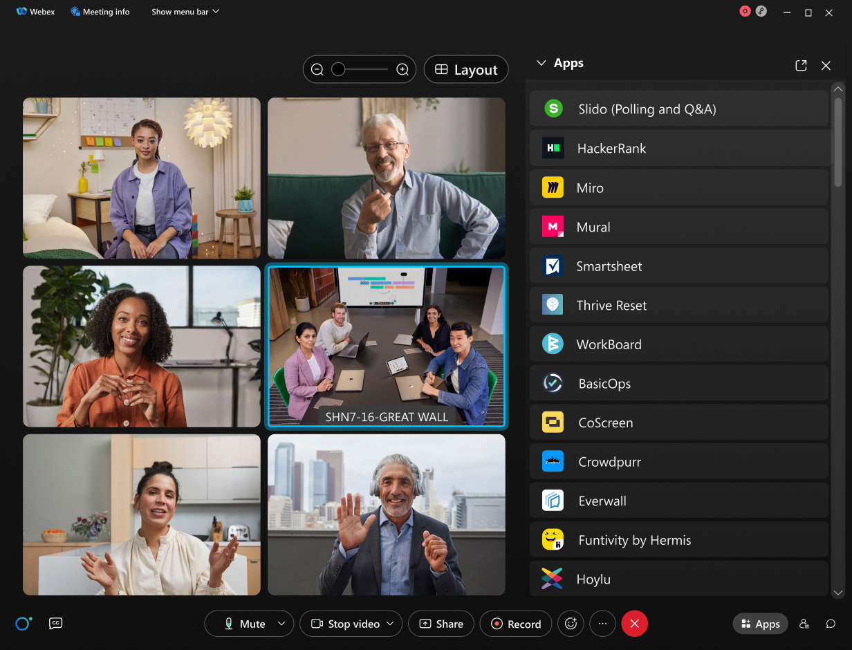 A tablet showing six colleagues video conferencing and the Webex interface with several apps displayed in the right-hand menu.