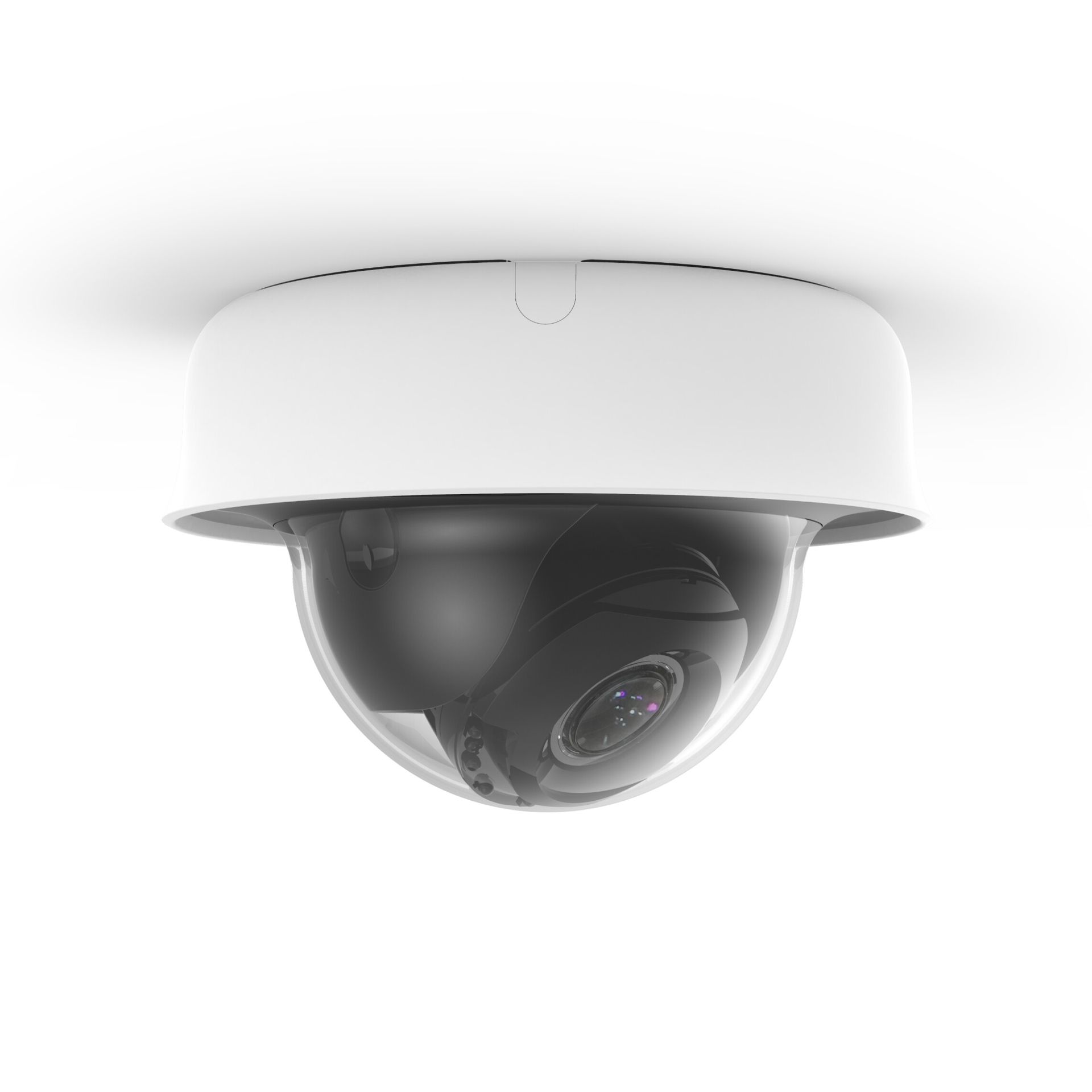 The MV22 smart camera mounted to the ceiling via its white base. The black camera is visible inside its clear dome covering.
