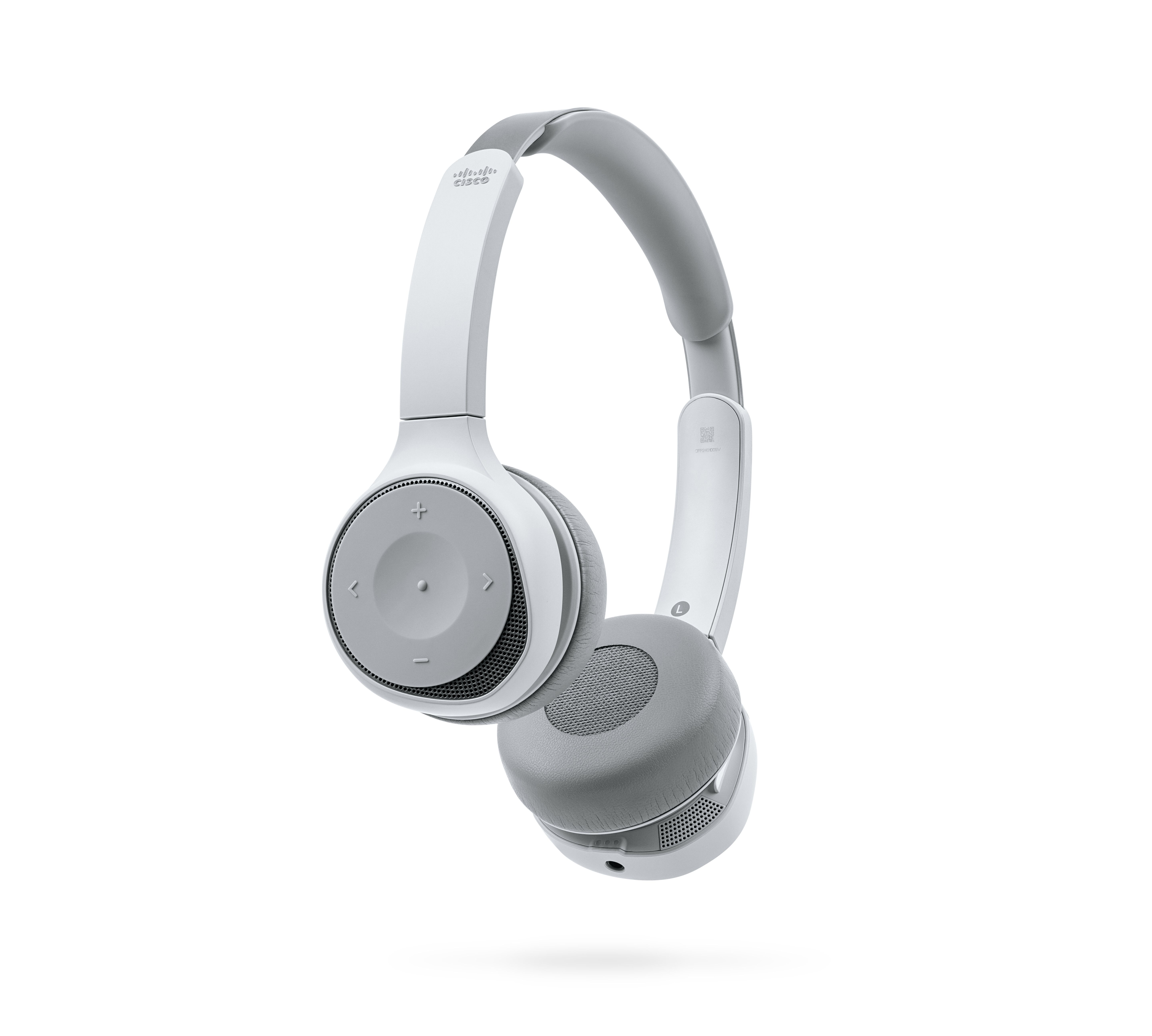 A side view of a Cisco Headset 730 in platinum